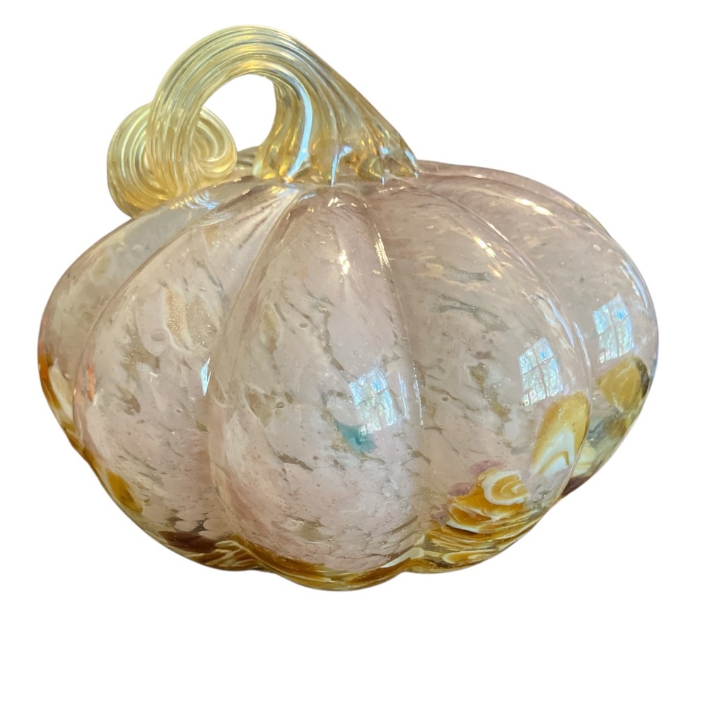 Blown Glass Pumpkin - Pink, Amber, White 7” x 5” x 7” - Picture 4 of 5